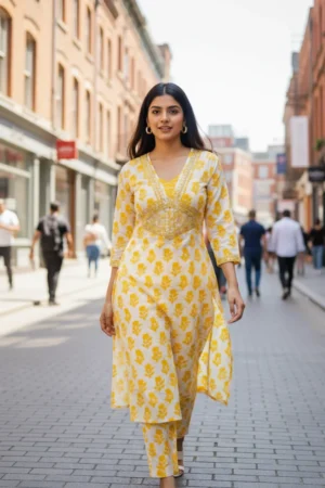 Yellow Color Marble Print Organza Suit