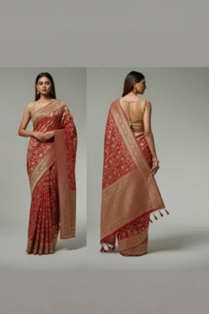 Banarasi Red Colour Saree With Heavy Golden Pallu.