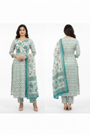 Women’s White Cotton Printed Kurti Set with Dupatta – Classic Elegance & Everyday Comfort