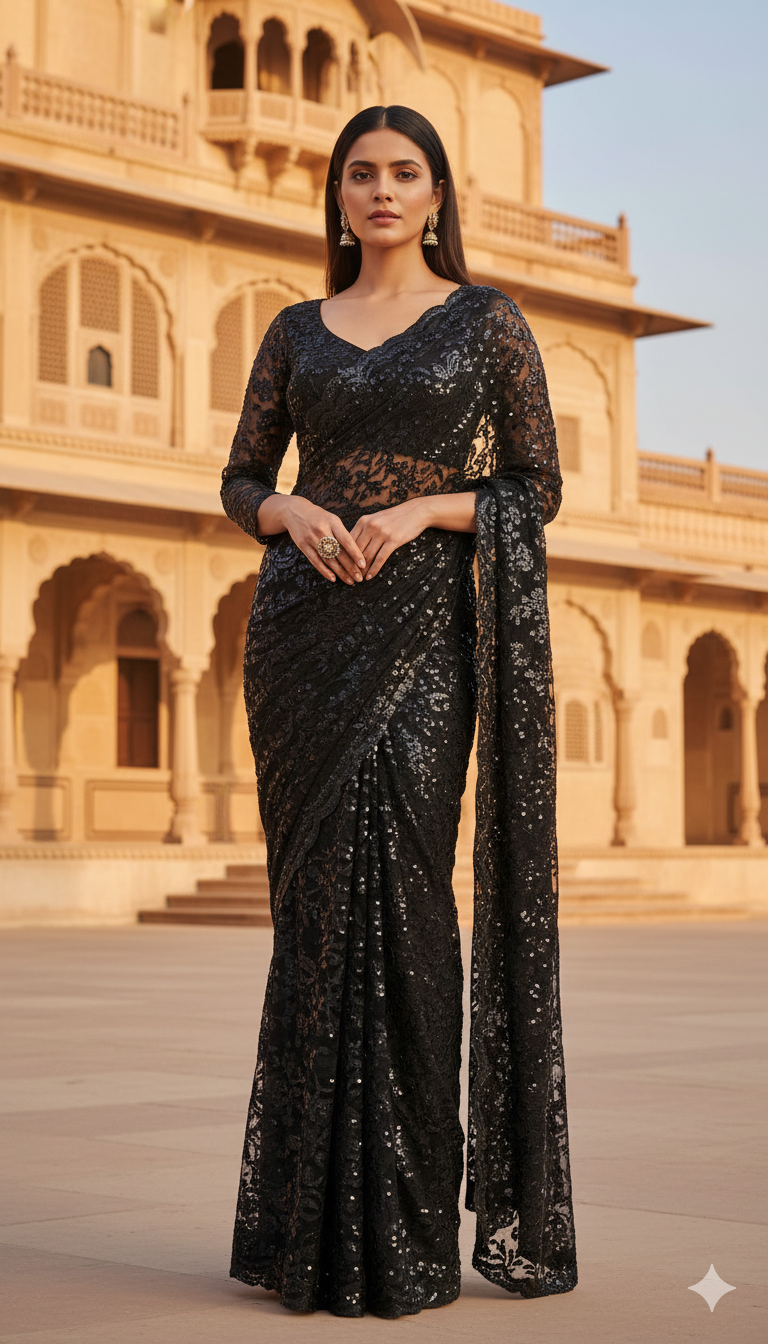 Embroidered & Embellished Self-Design Bollywood Georgette Saree – Glamorous Ethnic Wear