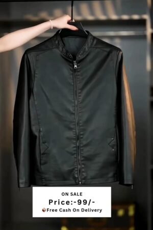 Men Mandarin Collar Solid PU Casual Windcheater Jacket