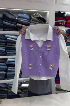 Women's Long Sleeve Shirt with Knitted Sleeveless Vintage Oversized Cute Sweaters