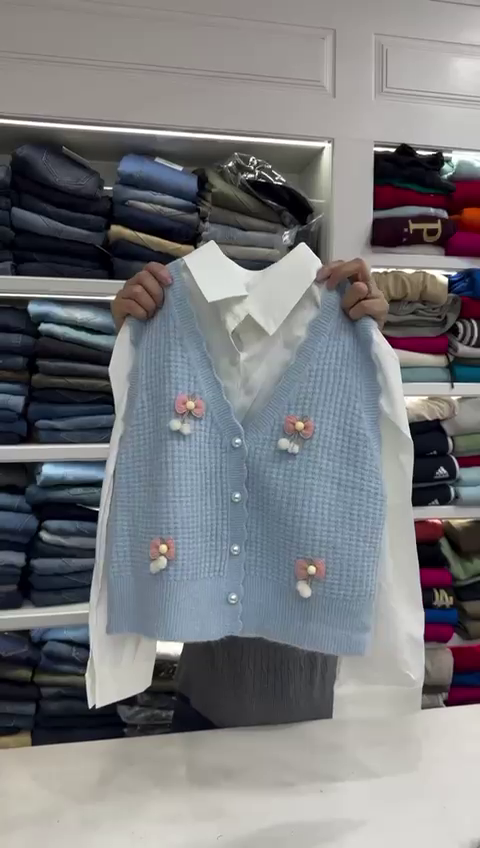 Women's Long Sleeve Shirt with Knitted Sleeveless Vintage Oversized Cute Sweaters - Image 2