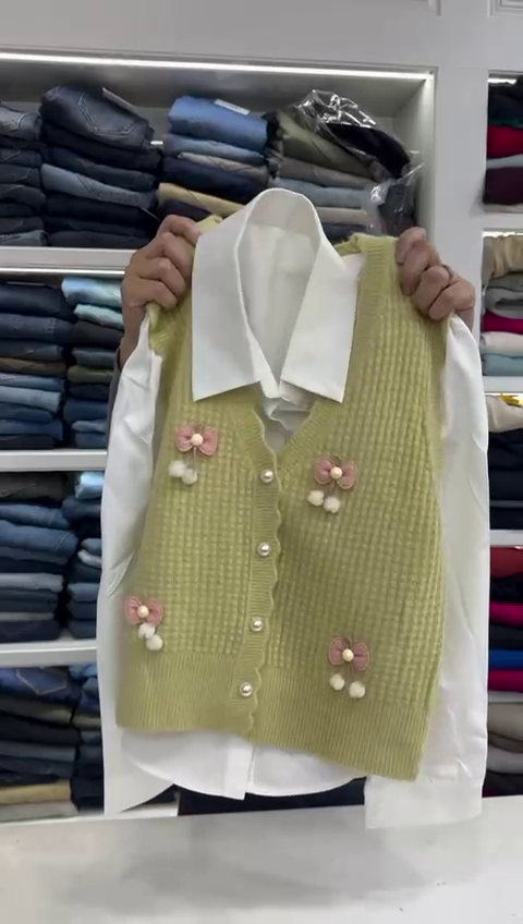 Women's Long Sleeve Shirt with Knitted Sleeveless Vintage Oversized Cute Sweaters - Image 6