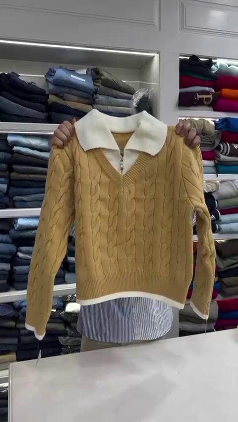 Long Sleeve Sweaters V Neck With Cable Knitted Pullover Casual Soft Top