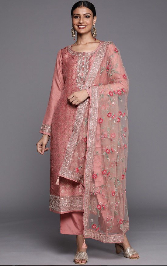 Women Peach-Coloured Floral Kurta with Trousers & Dupatta - Image 2