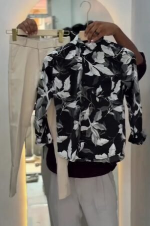 Men Dark Blue Leaf Print Shirt