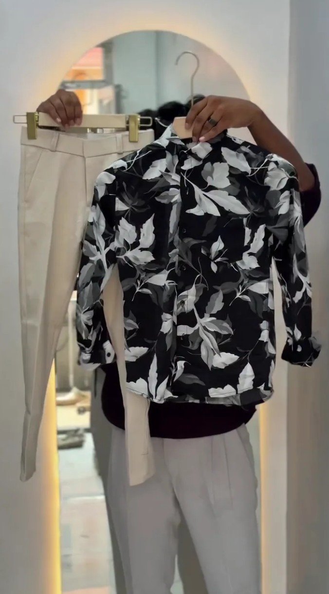 Men Dark Blue Leaf Print Shirt