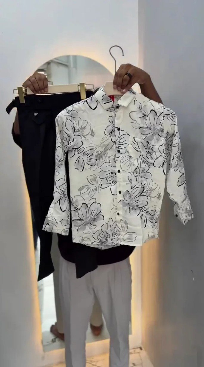 Men Dark Blue Leaf Print Shirt - Image 5