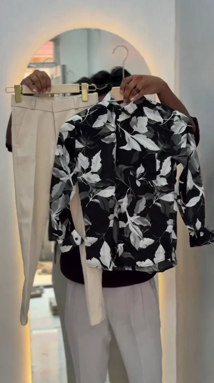 Men Dark Blue Leaf Print Shirt - Image 6