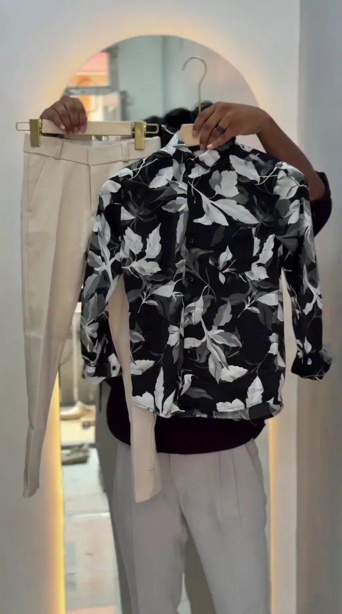 Men Dark Blue Leaf Print Shirt - Image 8