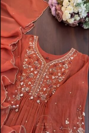 Women's Orange Georgette Kurta Set with Embroidery Mirror Work