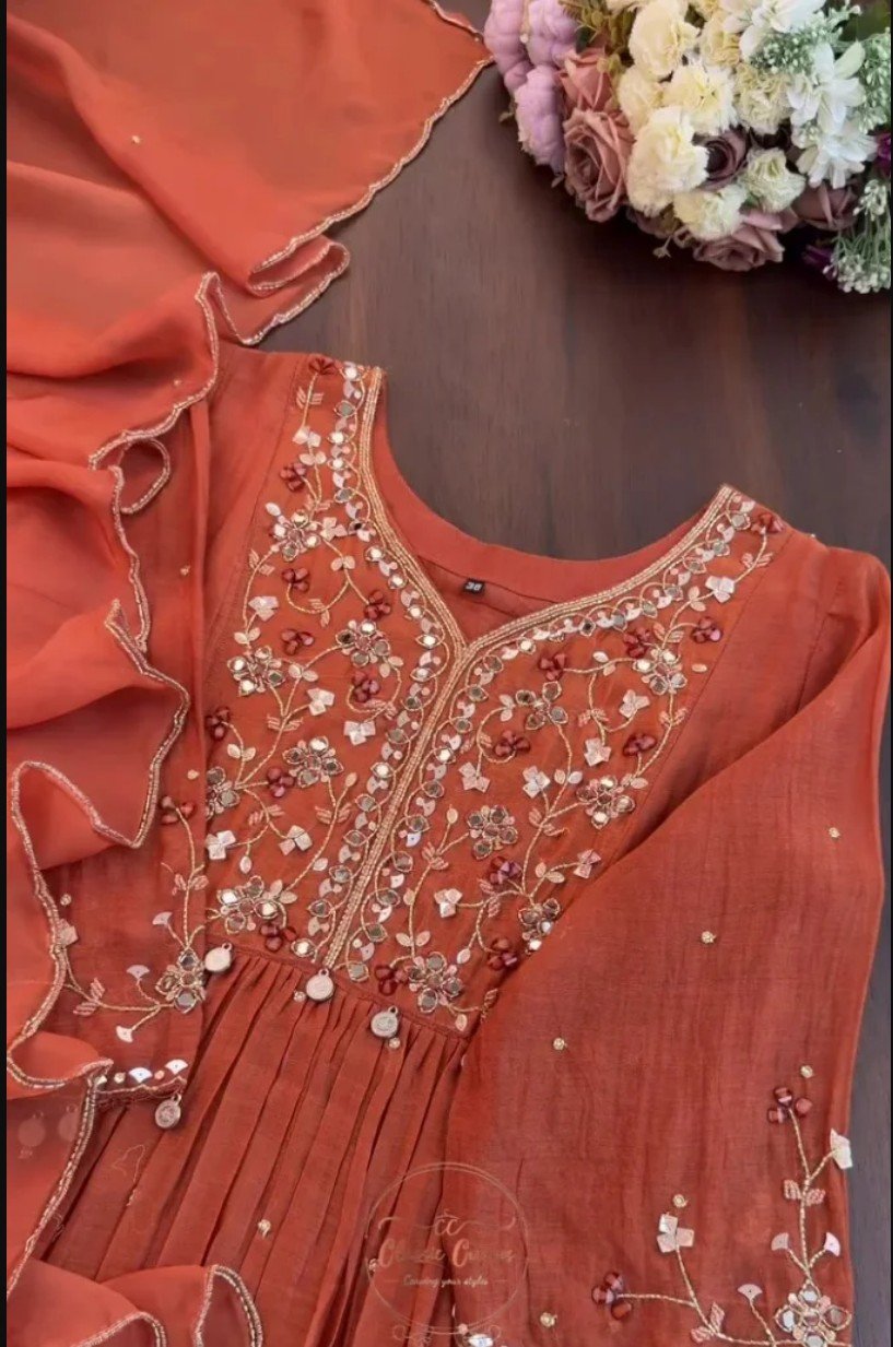 Women's Orange Georgette Kurta Set with Embroidery Mirror Work