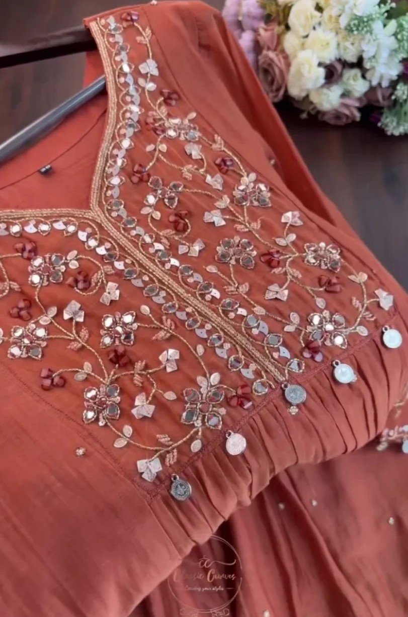 Women's Orange Georgette Kurta Set with Embroidery Mirror Work - Image 2