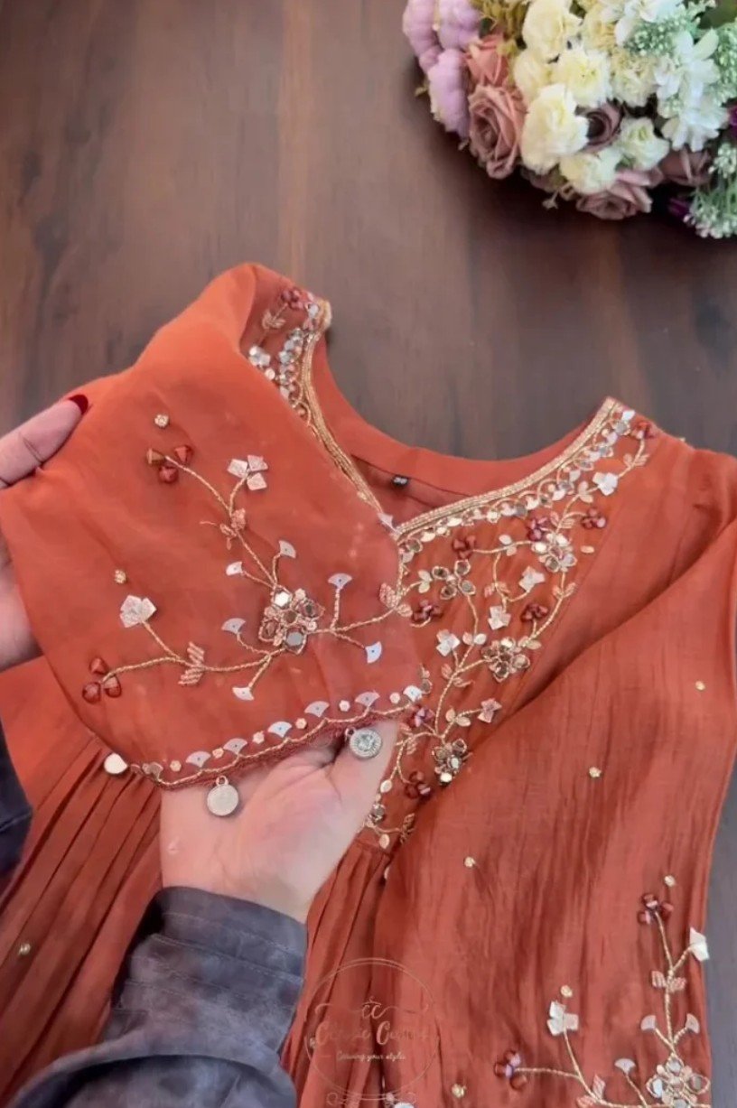 Women's Orange Georgette Kurta Set with Embroidery Mirror Work - Image 3
