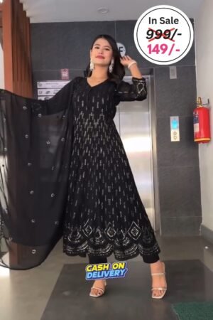 Black Colour Faux Georgette Thread Work Gown With Shrug