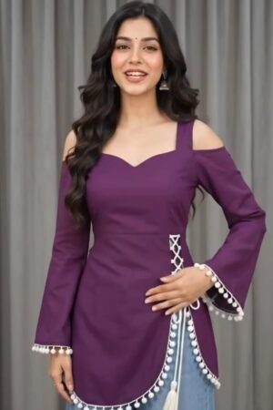 Women's Cold Shoulder Kurti, Side Cut Design with Lace-Up Detail and Pom-Pom Trim, Trendy Tunic Top