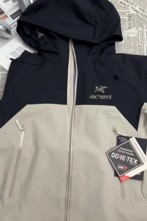 Black & Beige Waterproof Hooded Rain Jacket