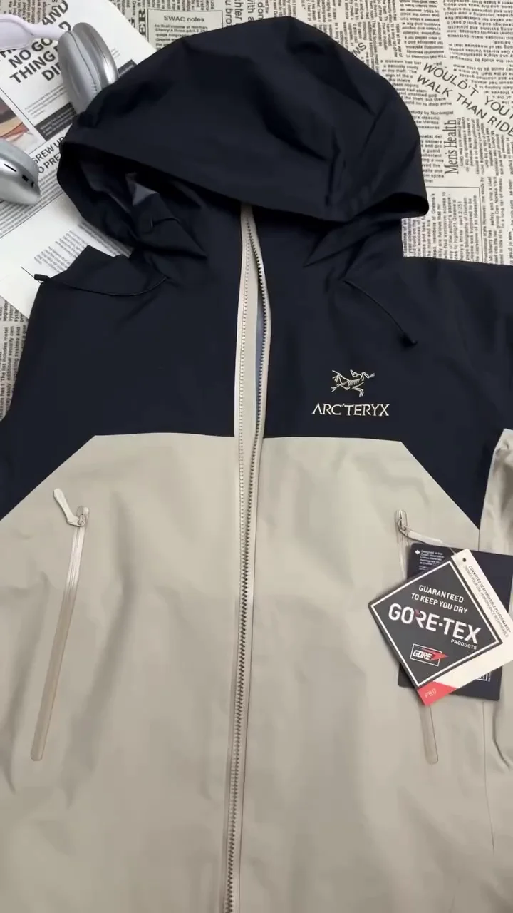 Black & Beige Waterproof Hooded Rain Jacket