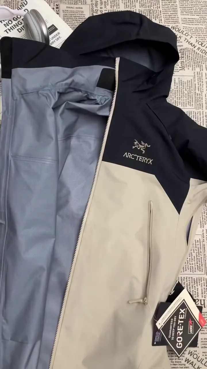 Black & Beige Waterproof Hooded Rain Jacket - Image 3