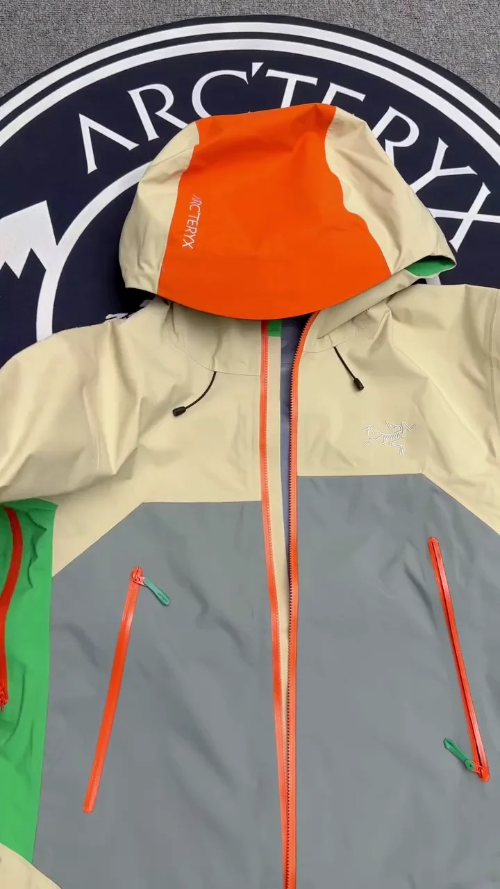Beige Grey & Green Waterproof Hooded Rain Jacket