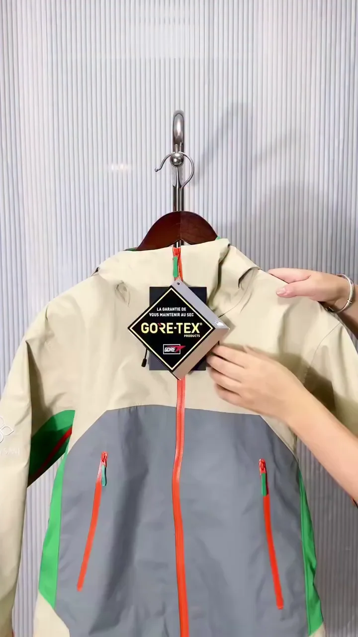 Beige Grey & Green Waterproof Hooded Rain Jacket - Image 3