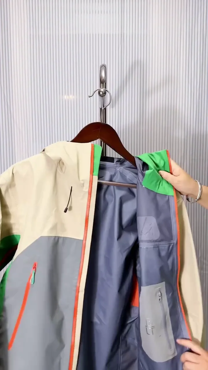 Beige Grey & Green Waterproof Hooded Rain Jacket - Image 2