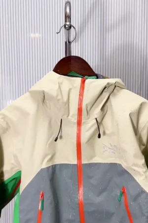 Beige Grey & Green Waterproof Hooded Rain Jacket